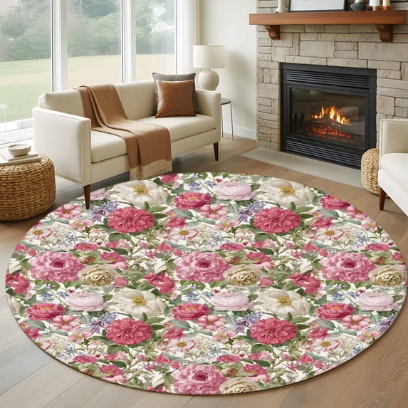 Round Area Rugs Collection 7 Ft, Pink Spring Floral Non-Slip Residential Carpet, Vintage Summer Botanical Indoor Crawling Mats Runner Rugs for Living Room/Dining Room/Bedroom