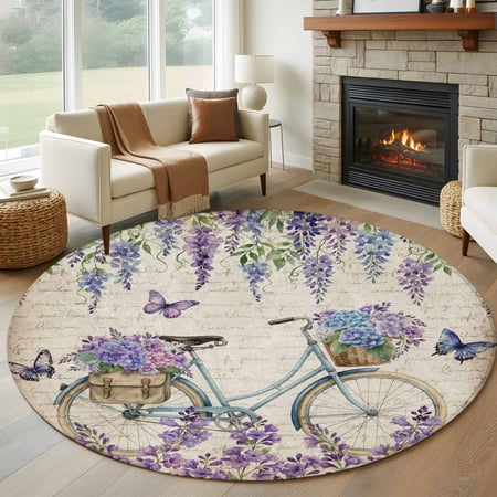 Round Area Rugs Collection 7 Ft, Purple Flowers Non-Slip Residential Carpet, Weeping Spring Floral Bicycle Retro Art Indoor Crawling Mats Runner Rugs for Living Room/Dining Room/Bedroom