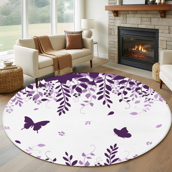 Round Area Rugs Collection 7 Ft, Purple Spring Botanical Non-Slip Residential Carpet, Weeping Eucalyptus Butterfly Indoor Crawling Mats Runner Rugs for Living Room/Dining Room/Bedroom