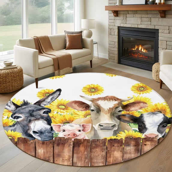 Round Area Rugs Collection 7 Ft, Sunflowers Farm Animals Non-Slip Residential Carpet, Vintage Wooden Animals Indoor Crawling Mats Runner Rugs for Living Room/Dining Room/Bedroom