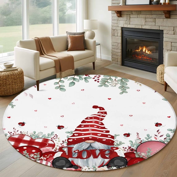 Round Area Rugs Collection 7 Ft, Valentine's Day Non-Slip Residential Carpet, Pink Red Love Heart Gnomes Eucalyptus Indoor Crawling Mats Runner Rugs for Living Room/Dining Room/Bedroom