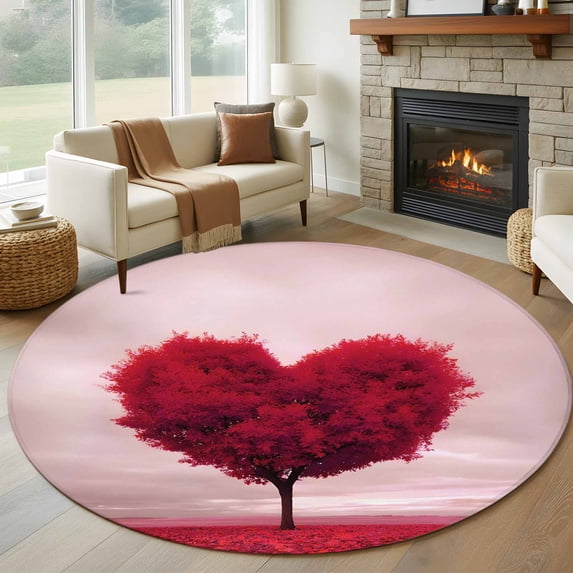 Round Area Rugs Collection 7 Ft, Valentine's Day Non-Slip Residential Carpet, Red Heart Love Trees Romance Spring Indoor Crawling Mats Runner Rugs for Living Room/Dining Room/Bedroom