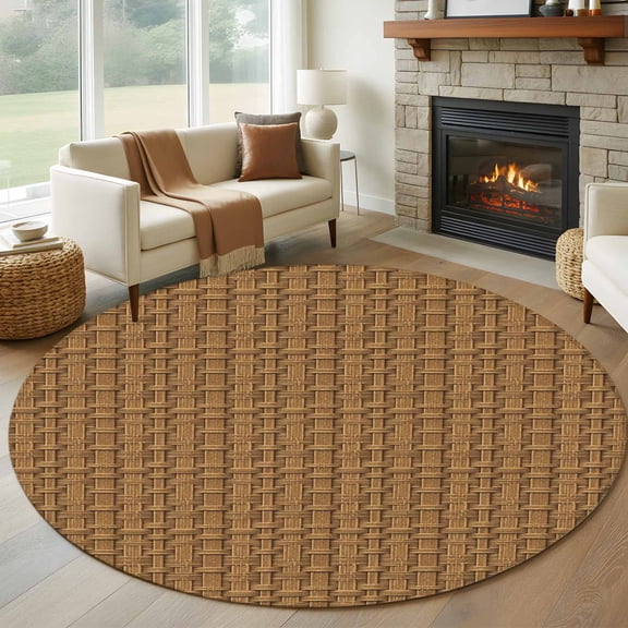 Round Area Rugs Collection 7 Ft, Vintage Rattan Non-Slip Residential Carpet, Minimalist Abstract Wicker Texture Brown Indoor Crawling Mats Runner Rugs for Living Room/Dining Room/Bedroom