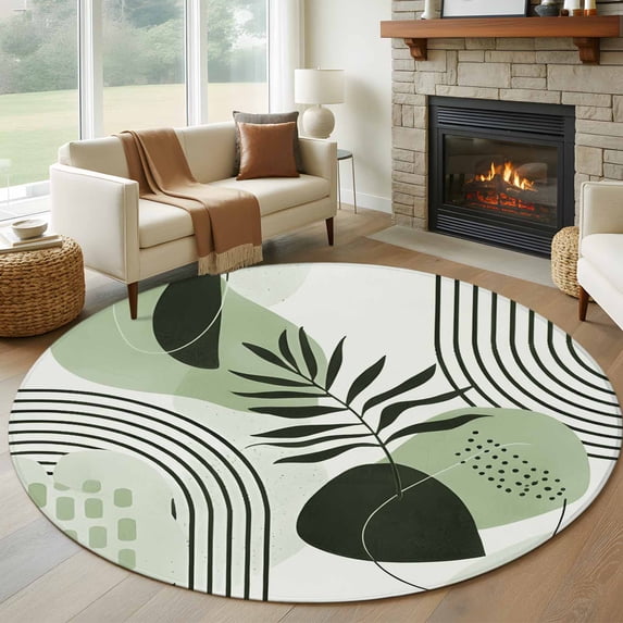 Round Area Rugs Collection 8 Ft, Boho Geometric Non-Slip Residential Carpet, Farmhouse Green Abstract Stripes Leaves Indoor Crawling Mats Runner Rugs for Living Room/Dining Room/Bedroom