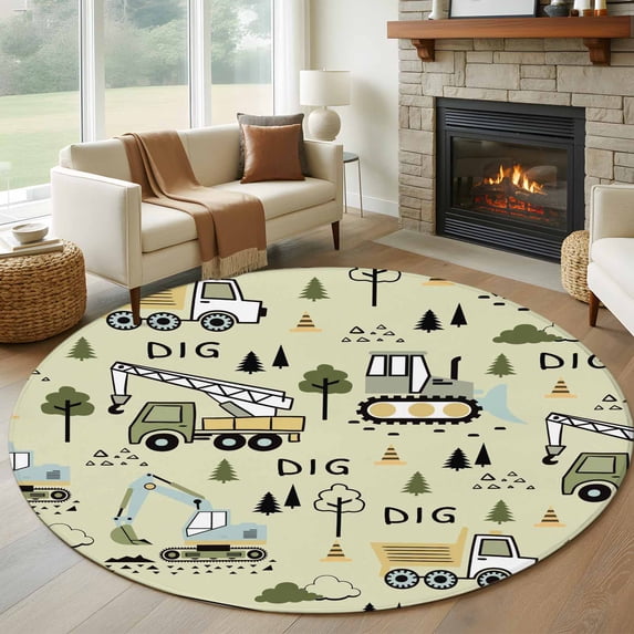 Round Area Rugs Collection 8 Ft, Cartoon Tractor Non-Slip Residential Carpet, Cute Green Digger Shovel Truck Rustic Indoor Crawling Mats Runner Rugs for Living Room/Dining Room/Bedroom