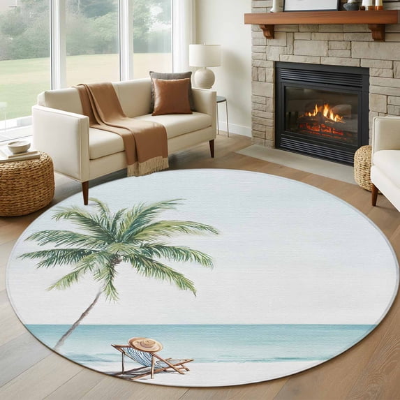 Round Area Rugs Collection 8 Ft, Coastal Beach Non-Slip Residential Carpet, Summer Palm Tree Nautical Ocean Seaside Indoor Crawling Mats Runner Rugs for Living Room/Dining Room/Bedroom