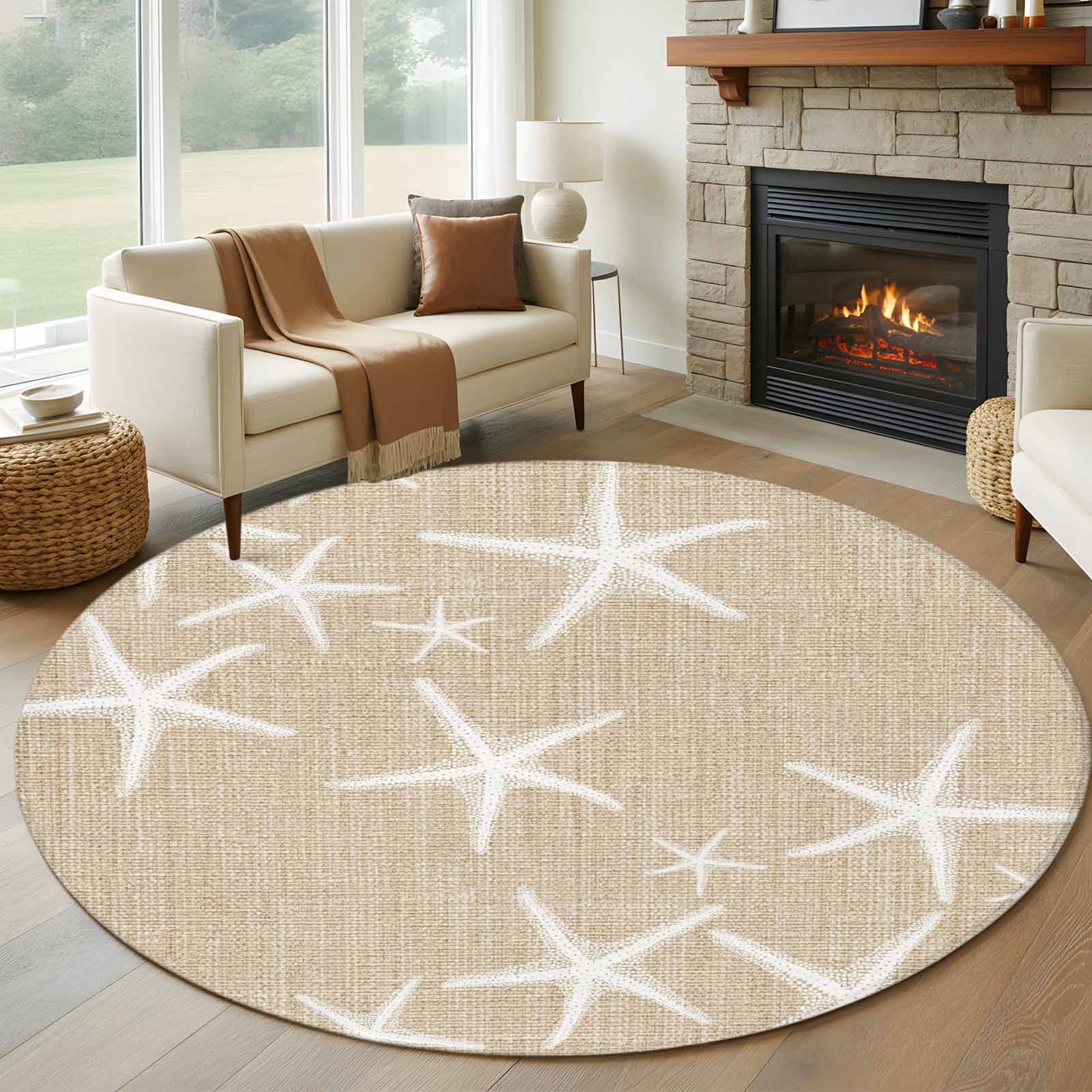 Round Area Rugs Collection 8 Ft, Coastal Starfish Non-Slip Residential Carpet, Summer Ocean Waves Ombre Sea Beige Indoor Crawling Mats Runner Rugs for Living Room/Dining Room/Bedroom
