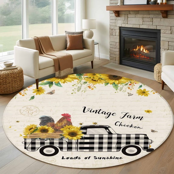 Round Area Rugs Collection 8 Ft, Country Kitchen Sunflowers Non-Slip Residential Carpet, Rustic Truck Vintage Farmhouse Indoor Crawling Mats Runner Rugs for Living Room/Dining Room/Bedroom