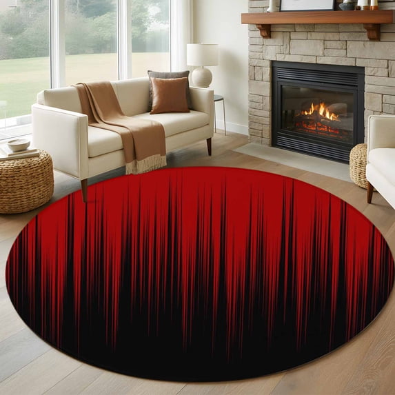 Round Area Rugs Collection 8 Ft, Dark Red Black Ombre Non-Slip Residential Carpet, Modern Abstract Art Striped Gradient Indoor Crawling Mats Runner Rugs for Living Room/Dining Room/Bedroom