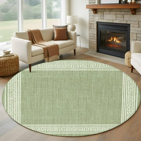 Round Area Rugs Collection 8 Ft, Grass Green Retro Greek Key Non-Slip Residential Carpet, Geometric Greece Ancient Rustic Indoor Crawling Mats Runner Rugs for Living Room/Dining Room/Bedroom