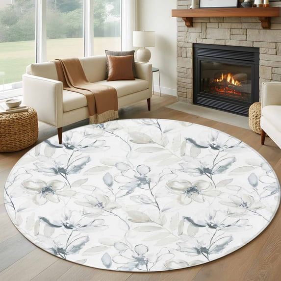 Round Area Rugs Collection 8 Ft, Green Beige Spring Floral Non-Slip Residential Carpet, Luxury Botanical Summer Indoor Crawling Mats Runner Rugs for Living Room/Dining Room/Bedroom