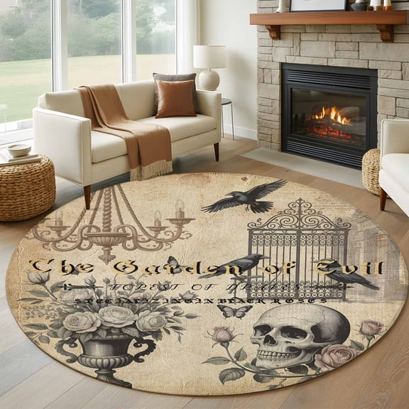 Round Area Rugs Collection 8 Ft, Halloween Non-Slip Residential Carpet, Vintage Skull Black Crows Flowers Butterfly Indoor Crawling Mats Runner Rugs for Living Room/Dining Room/Bedroom