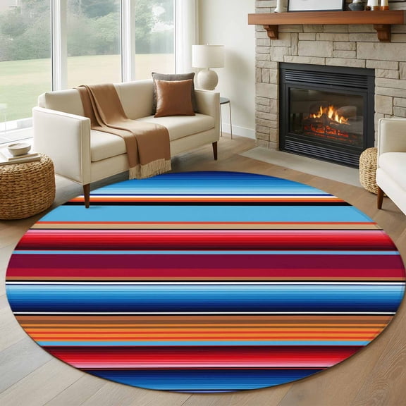 Round Area Rugs Collection 8 Ft, Mexican Style Non-Slip Residential Carpet, Colorful Mexico Stripes Ombre Red Blue Indoor Crawling Mats Runner Rugs for Living Room/Dining Room/Bedroom