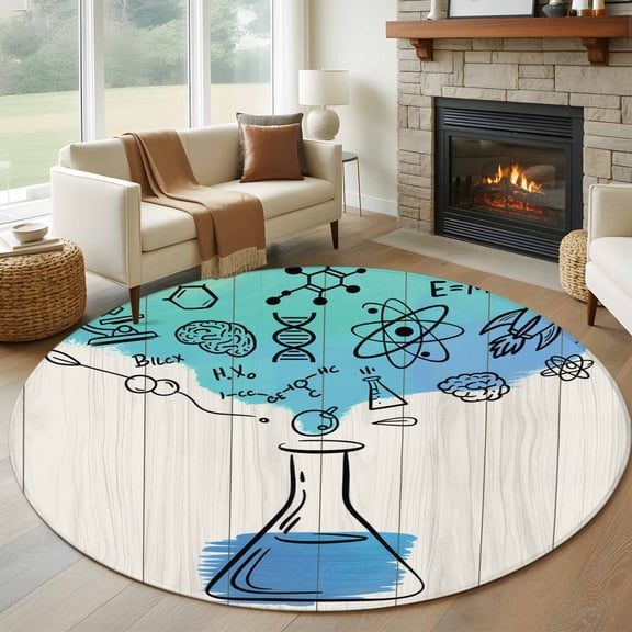 Round Area Rugs Collection 8 Ft, Teal Blue Science Non-Slip Residential Carpet, Funny Cartoon Artwork Wood Grain Indoor Crawling Mats Runner Rugs for Living Room/Dining Room/Bedroom