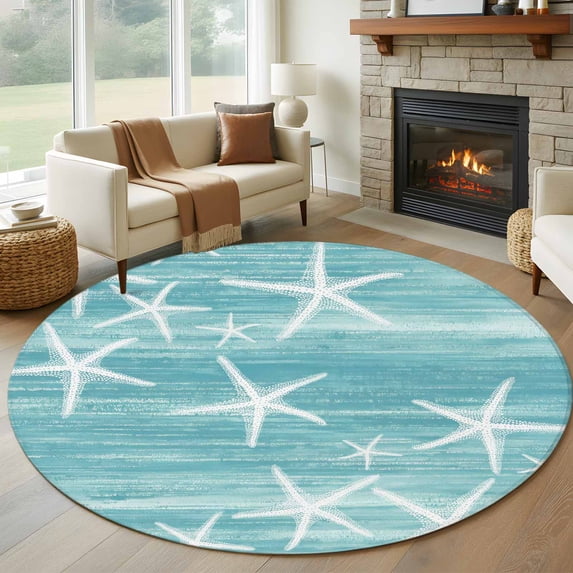 Round Area Rugs Collection 8 Ft, Teal Coastal Non-Slip Residential Carpet, Summer Ocean Waves Ombre Sea Starfish Indoor Crawling Mats Runner Rugs for Living Room/Dining Room/Bedroom