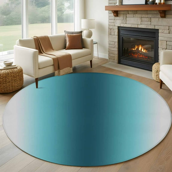 Round Area Rugs Collection 8 Ft, Turquoise Grey Ombre Non-Slip Residential Carpet, Farmhouse Gradient Minimalist Indoor Crawling Mats Runner Rugs for Living Room/Dining Room/Bedroom