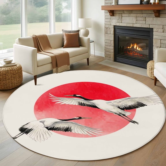 Round Area Rugs Collection 8 Ft, Vintage Birds Red Sun Non-Slip Residential Carpet, Retro Art Animals Indoor Crawling Mats Runner Rugs for Living Room/Dining Room/Bedroom