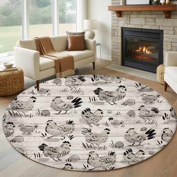 Round Area Rugs Collection 8 Ft, Vintage Rooster Farmhouse Non-Slip Residential Carpet, Grey Wooden Farm Animals Striped Indoor Crawling Mats Runner Rugs for Living Room/Dining Room/Bedroom