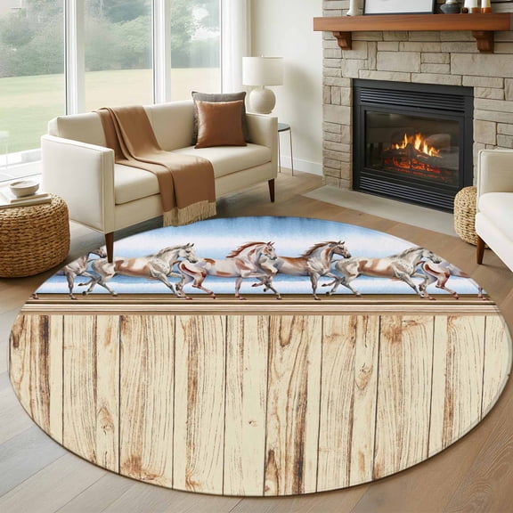 Round Area Rugs Collection 8 Ft, Western Horse Non-Slip Residential Carpet, Farmhouse Wooden Grain Vintage Cowboy Barn Door Indoor Crawling Mats Runner Rugs for Living Room/Dining Room/Bedroom