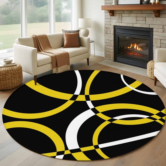 Round Area Rugs Collection 8 Ft, Yellow Geometric Non-Slip Residential Carpet, Modern Abstract Simple Lines Black Indoor Crawling Mats Runner Rugs for Living Room/Dining Room/Bedroom