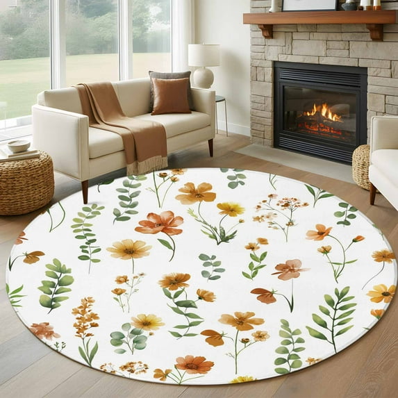 Round Area Rugs Collection 8 Ft, Yellow Spring Floral Non-Slip Residential Carpet, Flowers Leaves Elegant Pastoral Indoor Crawling Mats Runner Rugs for Living Room/Dining Room/Bedroom
