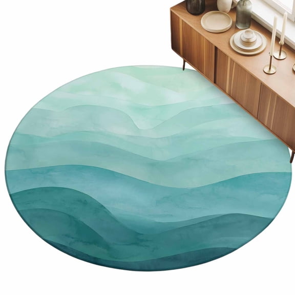 Round Area Rugs for Living Room,Abstract Teal Ombre Beach Texture 3ft Washable Rug with Non-Slip Backing Indoor Carpet,Ocean Wave Water Ripple Soft Floor Mat for Bedroom Nursery Office Decor