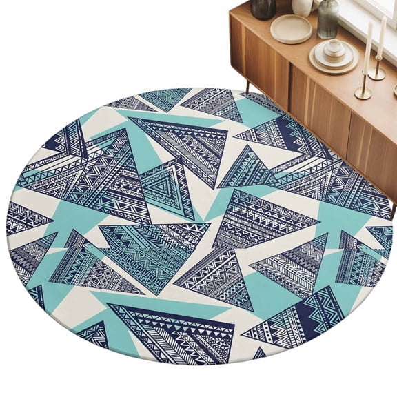 Round Area Rugs for Living Room,Abstract Tribal Triangle Pattern 3ft Washable Rug with Non-Slip Backing Indoor Carpet,Rustic Geometric Art Soft Floor Mat for Bedroom Nursery Office Decor