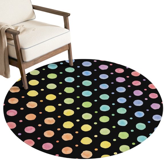 Round Area Rugs for Living Room,Colorful Dot Polka on Black 5ft Washable Rug with Non-Slip Backing Indoor Carpet,Rainbow Color Ombre Dot Soft Floor Mat for Bedroom Nursery Office Decor