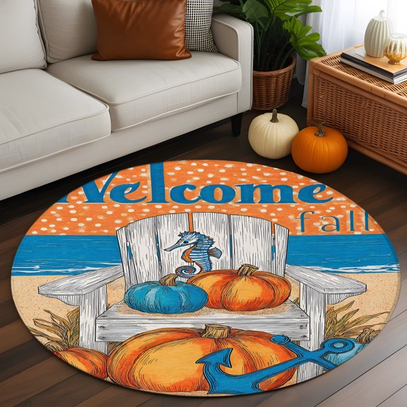 Round Area Rugs for Living Room,Fall Ocean Seahorse Anchor 3ft Washable Rug with Non-Slip Backing Indoor Carpet,Thanksgiving Retro Pumpkin Soft Floor Mat for Bedroom Nursery Office Decor