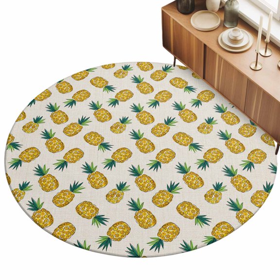 Round Area Rugs for Living Room,Fruit Pineapple Pattern 3ft Washable Rug with Non-Slip Backing Indoor Carpet,Retro Linen Background Soft Floor Mat for Bedroom Nursery Office Decor
