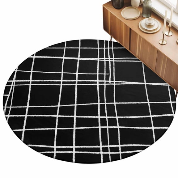 Round Area Rugs for Living Room,Minimalist Grid Lines 3ft Washable Rug with Non-Slip Backing Indoor Carpet,Window Pane on Black Background Soft Floor Mat for Bedroom Nursery Office Decor