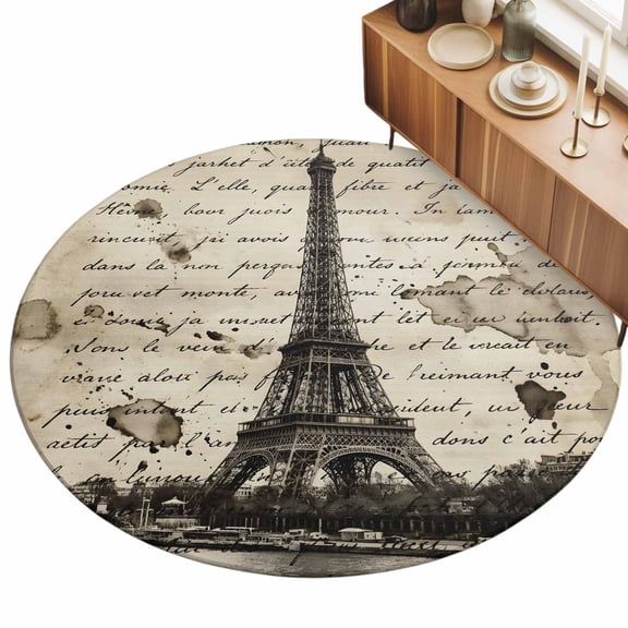 Round Area Rugs for Living Room,Retro Landmark Icon on Beige 3ft Washable Rug with Non-Slip Backing Indoor Carpet,Retro Letter Background Soft Floor Mat for Bedroom Nursery Office Decor