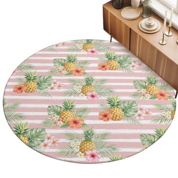 Round Area Rugs for Living Room,Summer Fruit Pineapple 3ft Washable Rug with Non-Slip Backing Indoor Carpet,Pink White Striped Background Soft Floor Mat for Bedroom Nursery Office Decor