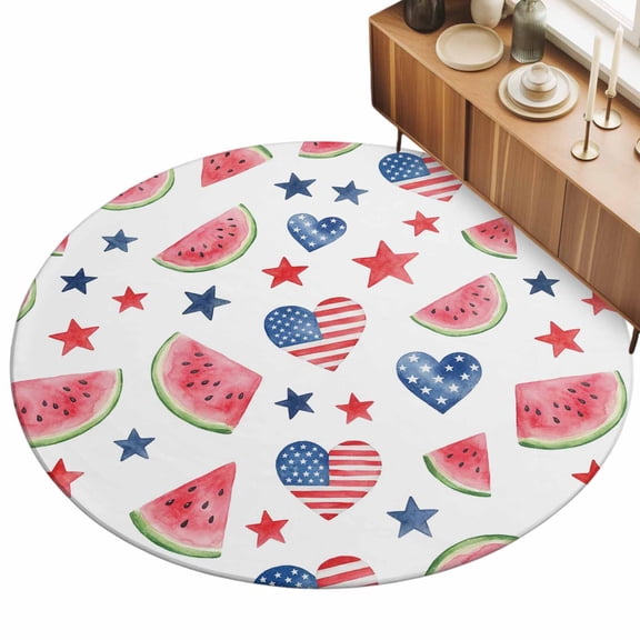 Round Area Rugs for Living Room,Summer Watermelon Slices 3ft Washable Rug with Non-Slip Backing Indoor Carpet,USA Flag Heart Red Blue Stars Soft Floor Mat for Bedroom Nursery Office Decor