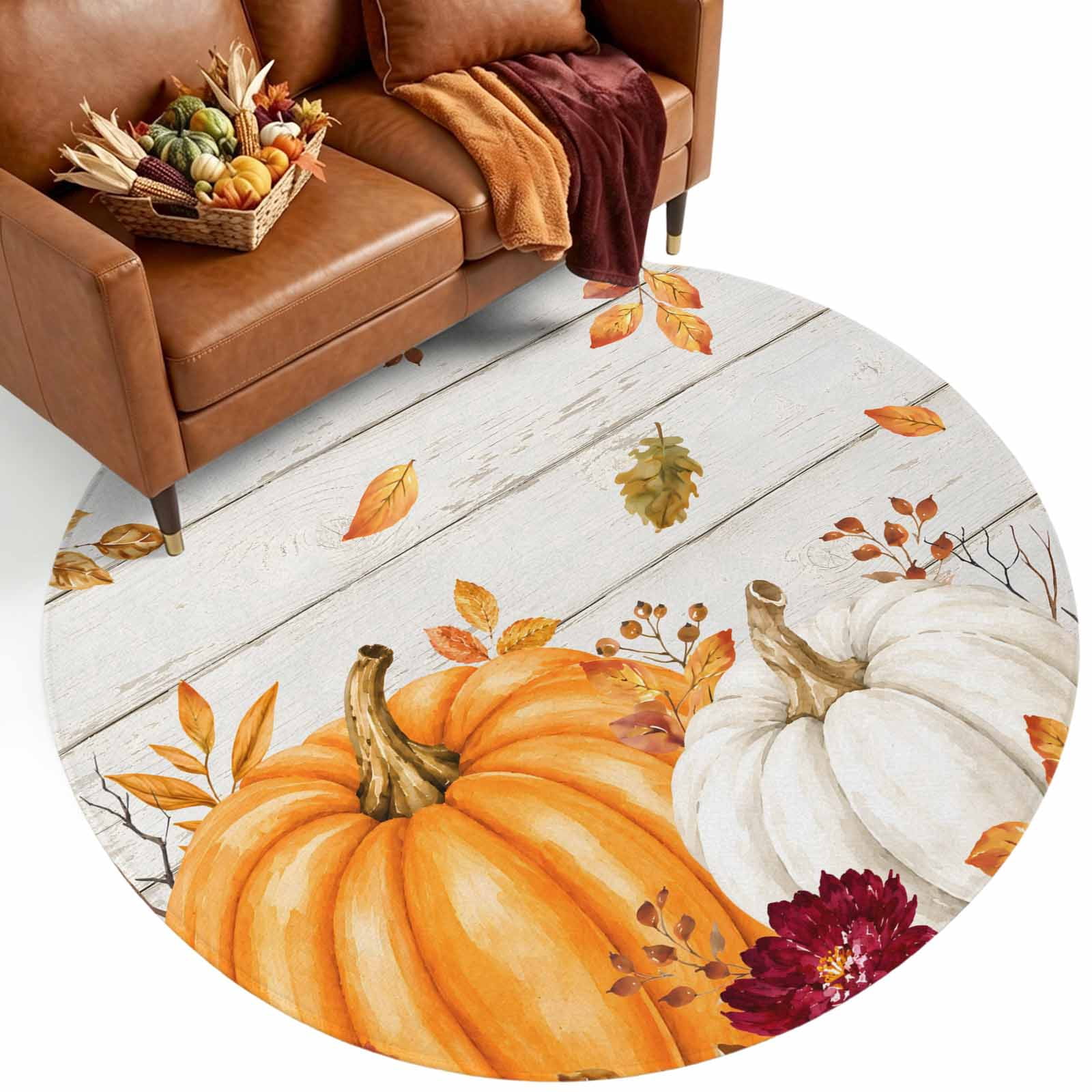 Round Area Rugs for Living Room,Thanksgiving Fall Harvest Pumpkin 5ft ...