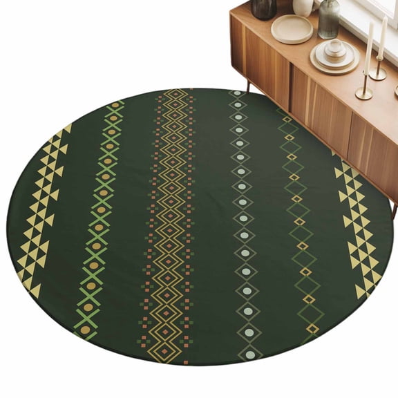Round Area Rugs for Living Room,Traditional Geometric Pattern 3ft Washable Rug with Non-Slip Backing Indoor Carpet,Boho Ethnic Stripe on Dark Green Soft Floor Mat for Bedroom Nursery Office Decor