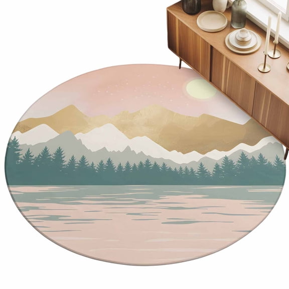Round Area Rugs for Living Room,Watercolor Mountain Lake 3ft Washable Rug with Non-Slip Backing Indoor Carpet,Mid-century Modern Sunset Soft Floor Mat for Bedroom Nursery Office Decor