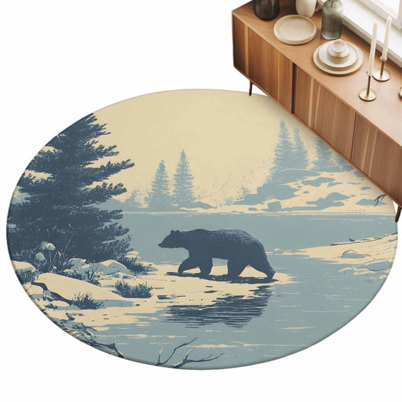 Round Area Rugs for Living Room,Winter Bear Evergreen Trees 3ft Washable Rug with Non-Slip Backing Indoor Carpet,Rustic Snow River Soft Floor Mat for Bedroom Nursery Office Decor