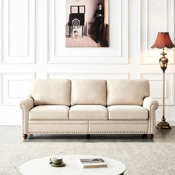 Round Arm Design, Silver Nails Decoration / Beige Linen Upholstered Sofa with Storage