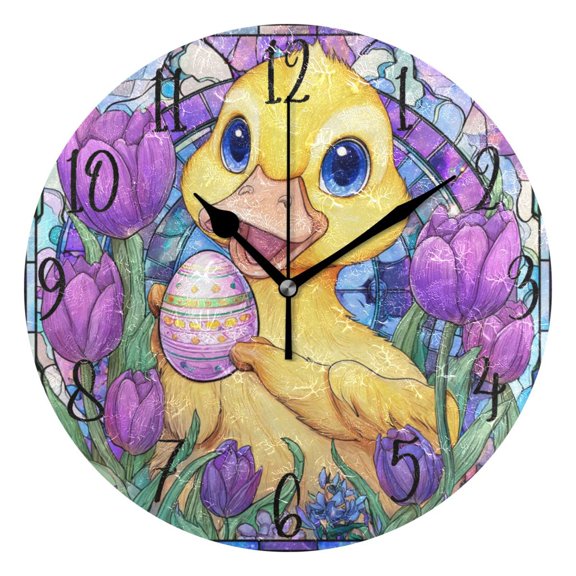 Round Art Wall Clock Vintage Oil Painting Texture Decorative Clock Black Pointer, Multi-Purpose Desktop & Hanging Creative Decor Clock for Home Living Room Yellow Duckling Blue