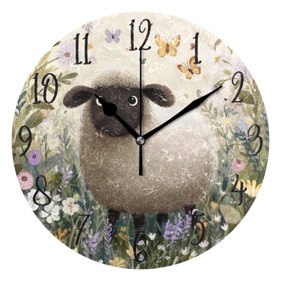Round Art Wall Clock Vintage Oil Painting Texture Decorative Clock Black Pointer, Multi-Purpose Desktop & Hanging Creative Decor Clock for Home Living Room Fluffy Sheep in Garden