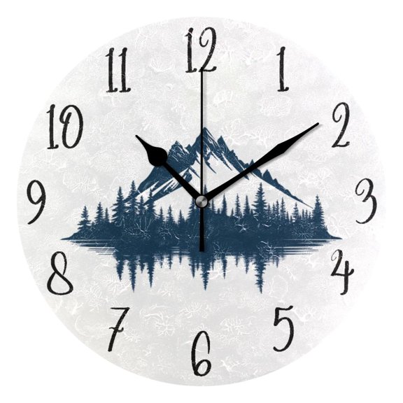Round Art Wall Clock Vintage Oil Painting Texture Decorative Clock Black Pointer, Multi-Purpose Desktop & Hanging Creative Decor Clock for Home Living Room Beautiful Ink Mountain