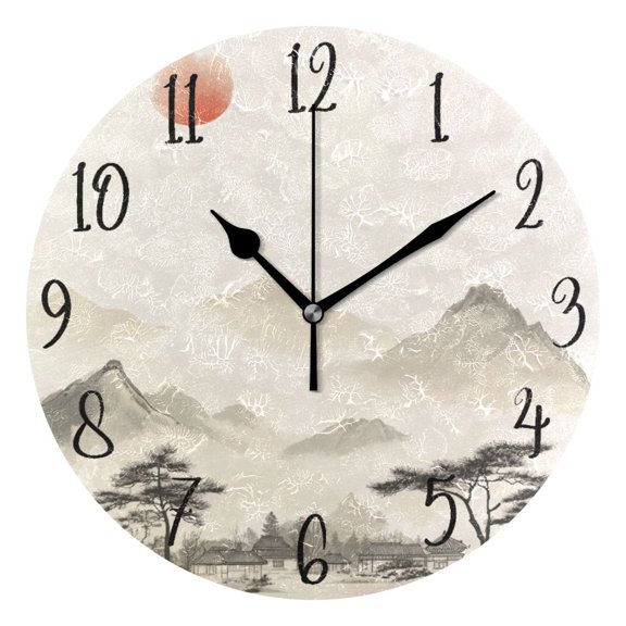 Round Art Wall Clock Vintage Oil Painting Texture Decorative Clock Black Pointer, Multi-Purpose Desktop & Hanging Creative Decor Clock for Home Living Room Ink Wash Painting
