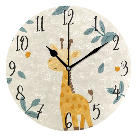 Round Art Wall Clock Vintage Oil Painting Texture Decorative Clock Black Pointer, Multi-Purpose Desktop & Hanging Creative Decor Clock for Home Living Room Super Cool Giraffe