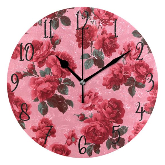 Round Art Wall Clock Vintage Oil Painting Texture Decorative Clock Black Pointer, Multi-Purpose Desktop & Hanging Creative Decor Clock for Home Living Room Red Rose Ink