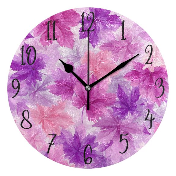 Round Art Wall Clock Vintage Oil Painting Texture Decorative Clock Black Pointer, Multi-Purpose Desktop & Hanging Creative Decor Clock for Home Living Room Pink Maple Leaves