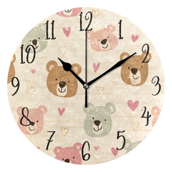 Round Art Wall Clock Vintage Oil Painting Texture Decorative Clock Black Pointer, Multi-Purpose Desktop & Hanging Creative Decor Clock for Home Living Room Beige Bear Heart Ears