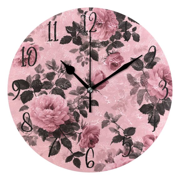 Round Art Wall Clock Vintage Oil Painting Texture Decorative Clock Black Pointer, Multi-Purpose Desktop & Hanging Creative Decor Clock for Home Living Room Pink Rose Ink