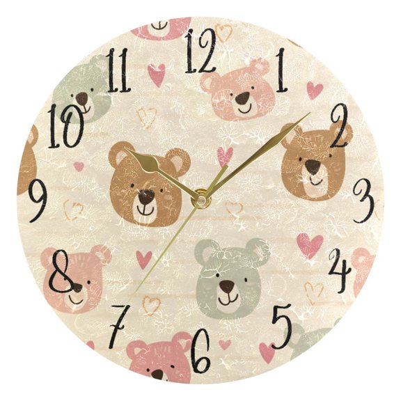Round Art Wall Clock Vintage Oil Painting Texture Decorative Clock Gold Pointer, Multi-Purpose Desktop & Hanging Creative Decor Clock for Home Living Room Beige Bear Heart Ears