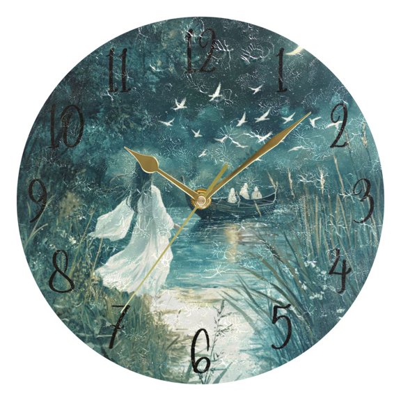 Round Art Wall Clock Vintage Oil Painting Texture Decorative Clock Gold Pointer, Multi-Purpose Desktop & Hanging Creative Decor Clock for Home Living Room Beautiful Blue Moon